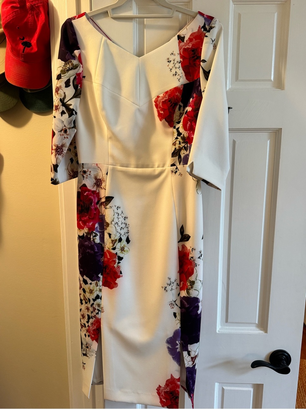 Black Halo White Midi Dress with Red & Purple Floral Print